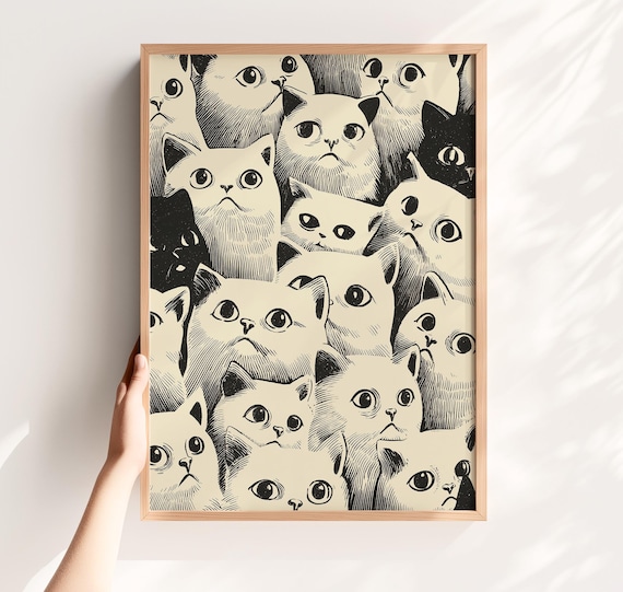 Black and White Funny Cats Faces Crowded Quirky Illustration Poster