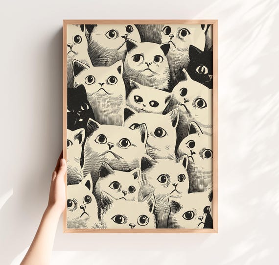 Funny Black And White Cat Art Print Quirky Cats Illustration Minimalist Wall Decor Bathroom