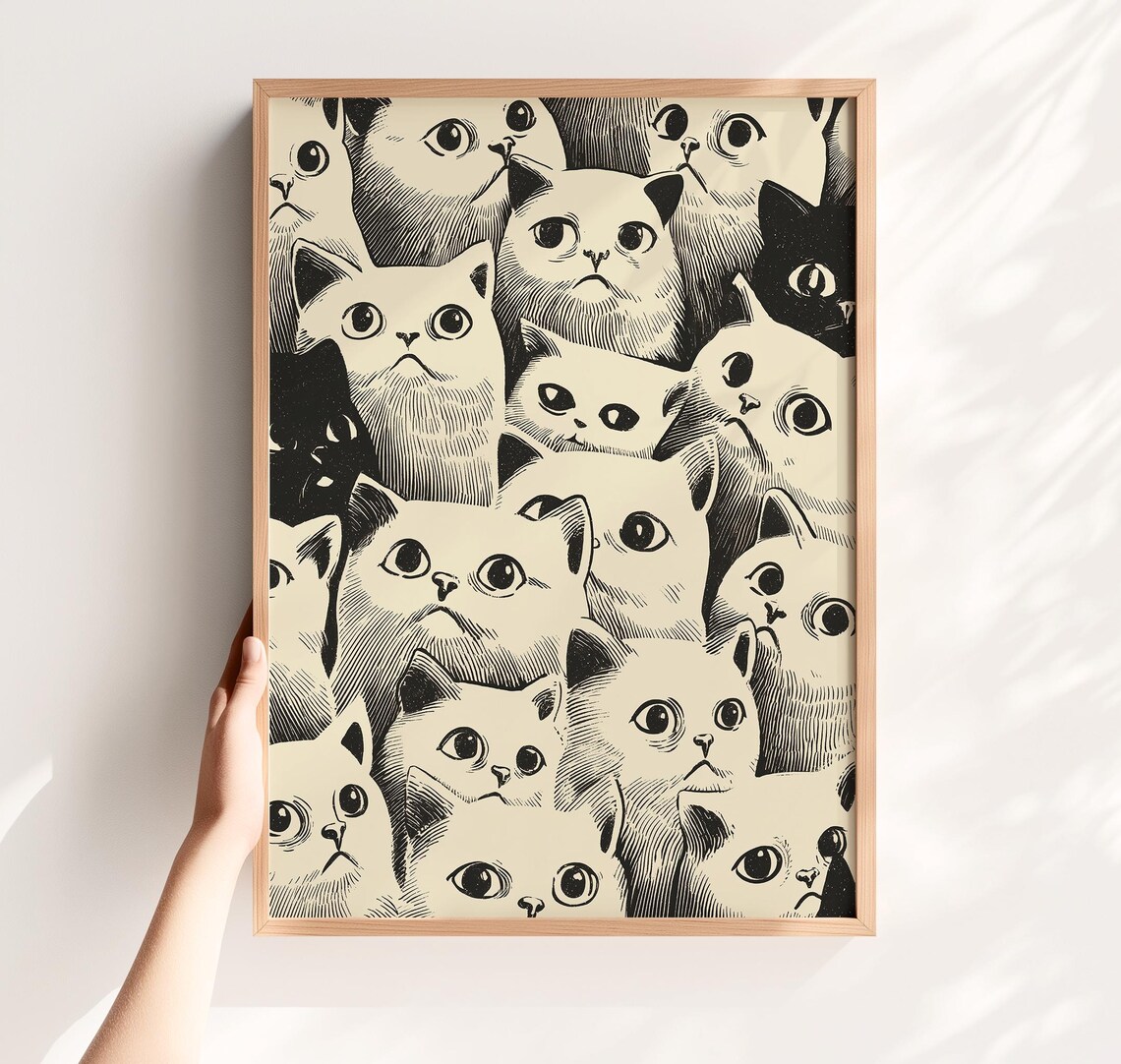 Black and White Funny Cats Faces Crowded Quirky Illustration Poster