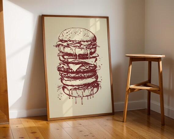 Retro Burger Print Hamburger Wall Art Food Cheeseburger Foodie Vintage Kitchen Nook Decor Bar Pub