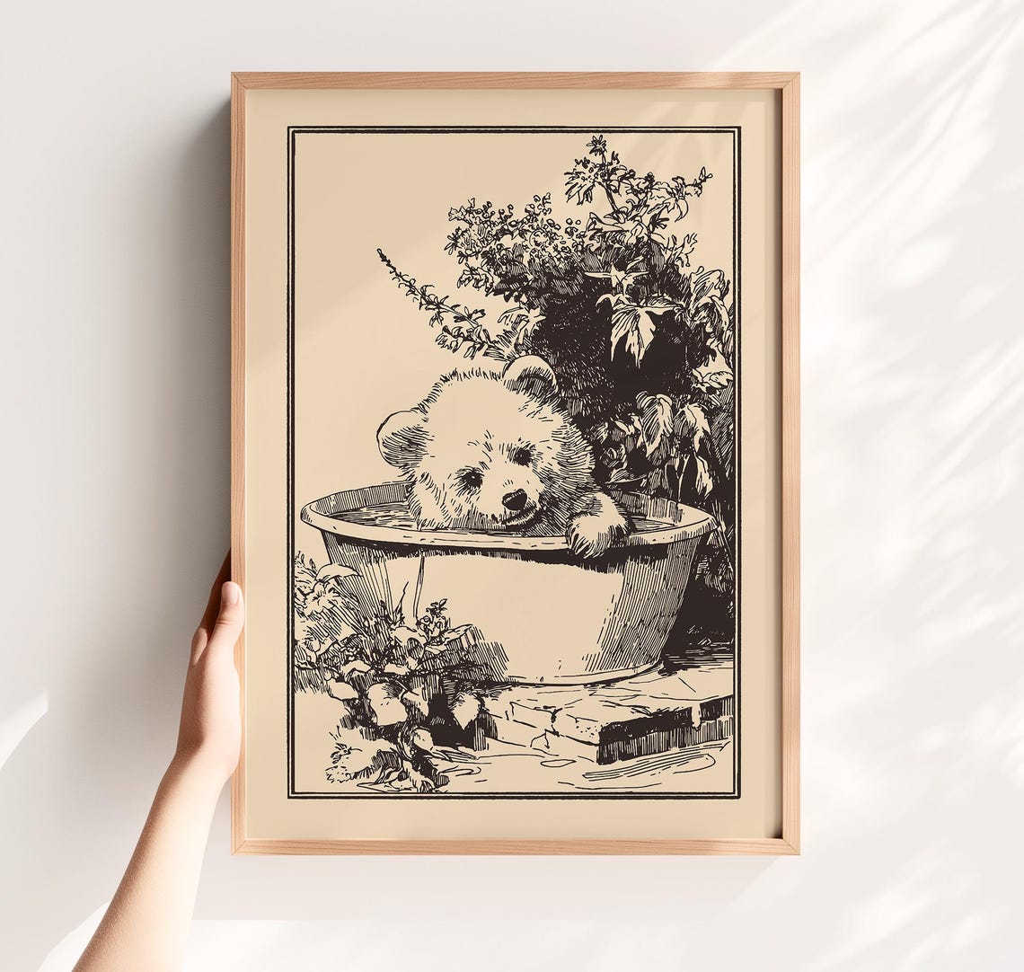 Vintage Bear Cub In Bathtub Print Retro Nursery Bathroom Decor