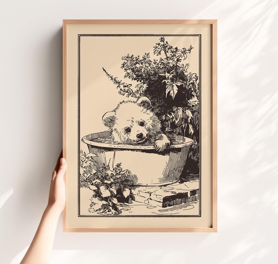 Vintage Bear Cub In Bathtub Retro Nursery Engraving Animal Poster