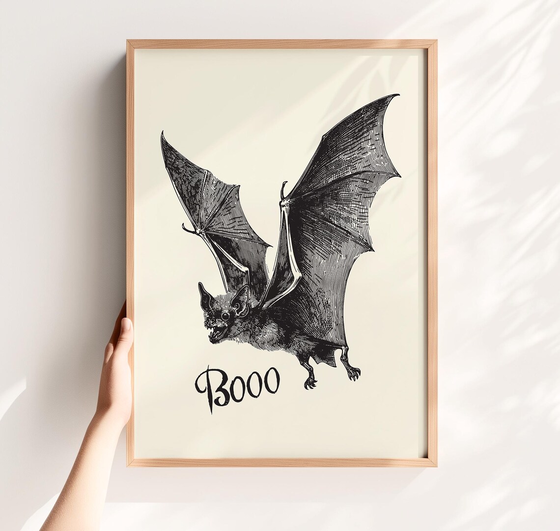 Vintage Bat Booo Spooky Halloween Engraving Style Gothic Decor Poster