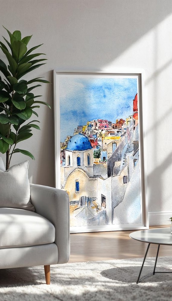 Santorini Greece Blue Dome Church Watercolor Island Art Print