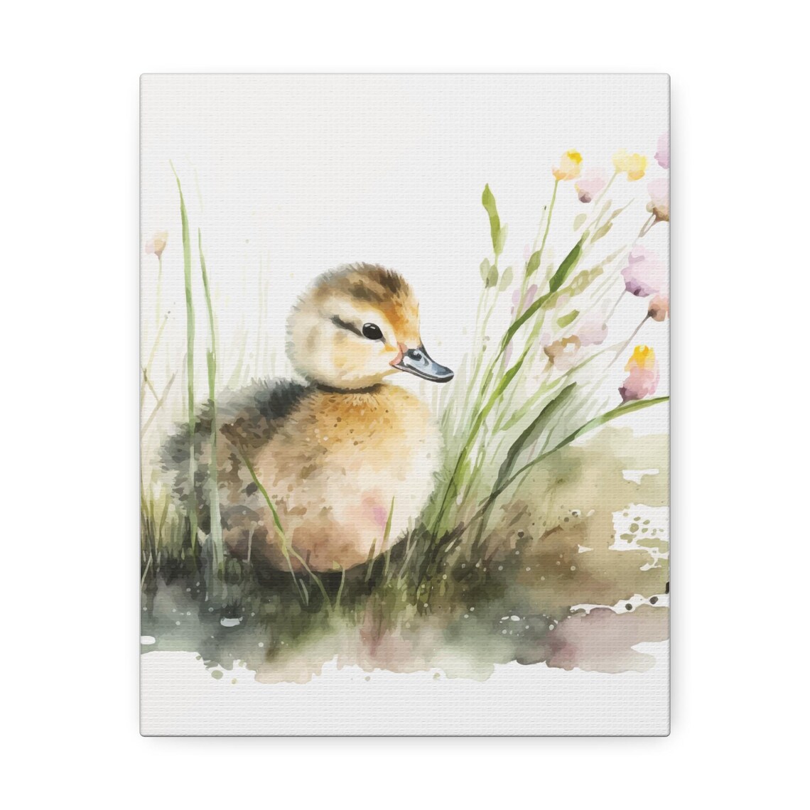 Little Duckling Among Reeds Wildflowers Soft Watercolor Nursery Poster - Image 4