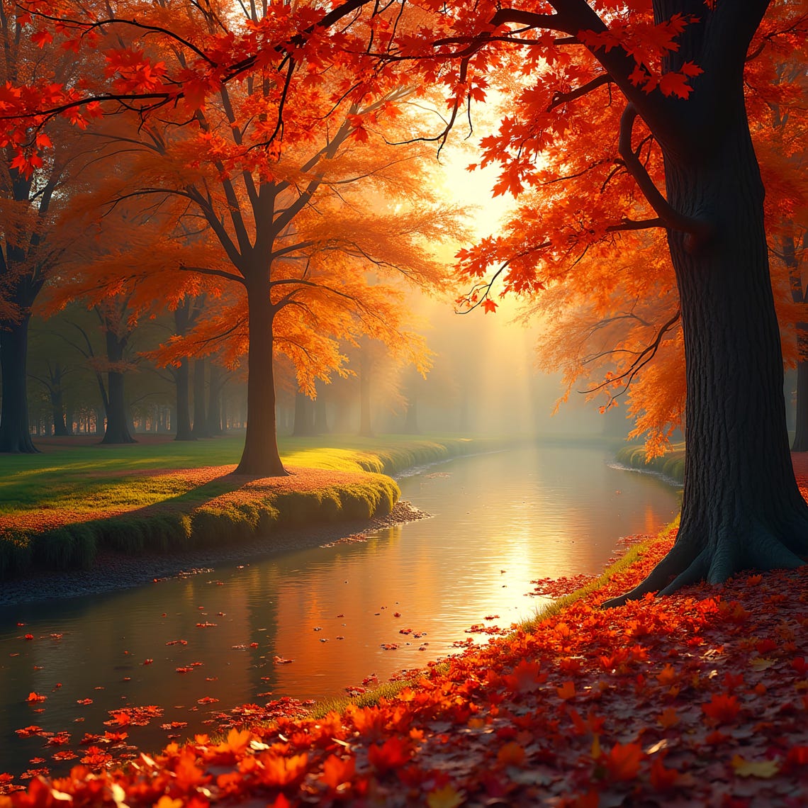 Autumn River Sunlit Maple Trees Golden Misty Forest Scene Poster