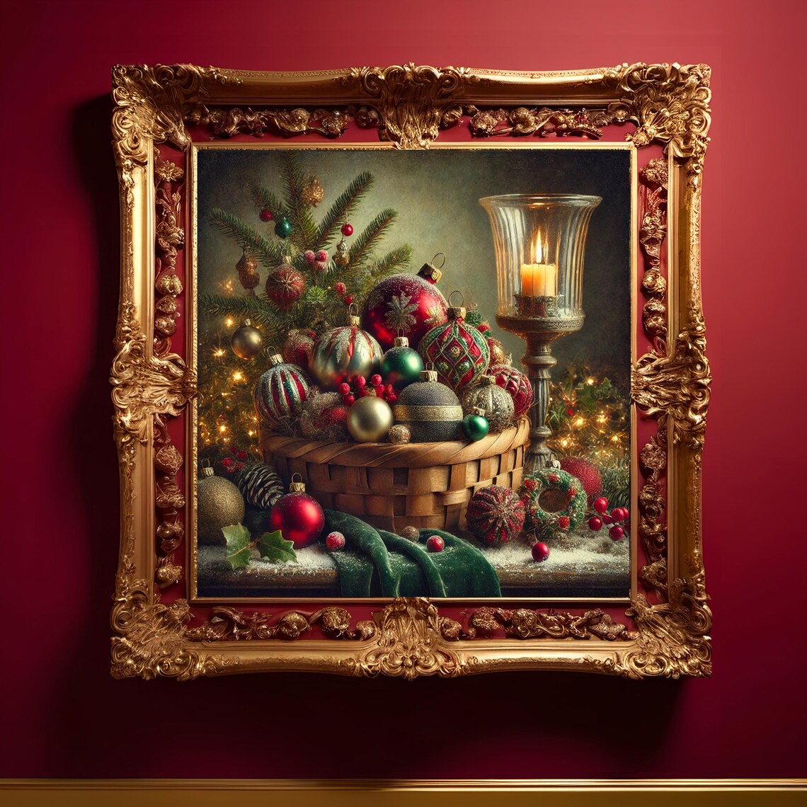 Vintage Christmas Ornaments Basket Antique Bauble Still Life Print - Image 3