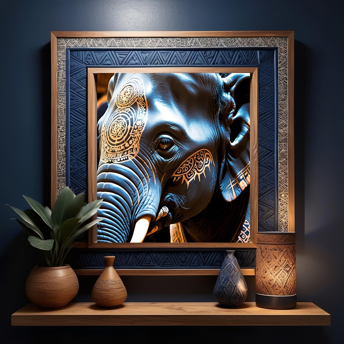 Elephant Close Up Golden Tattoo Pattern Dark Moody Animal Poster - Image 3