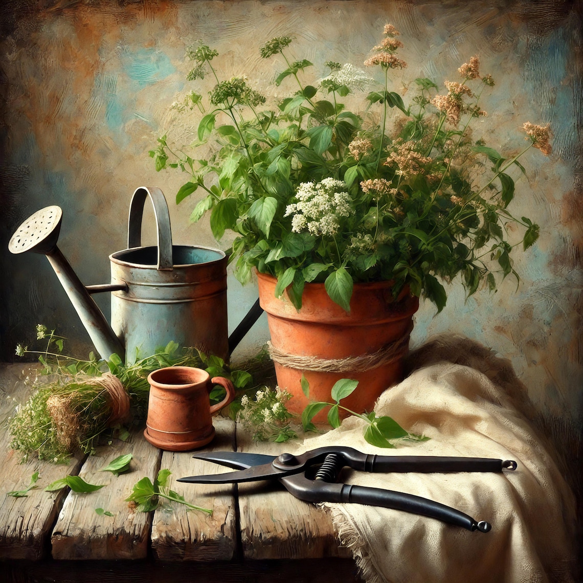 Vintage Gardening Still Life, Rustic Flower Pot Art Print