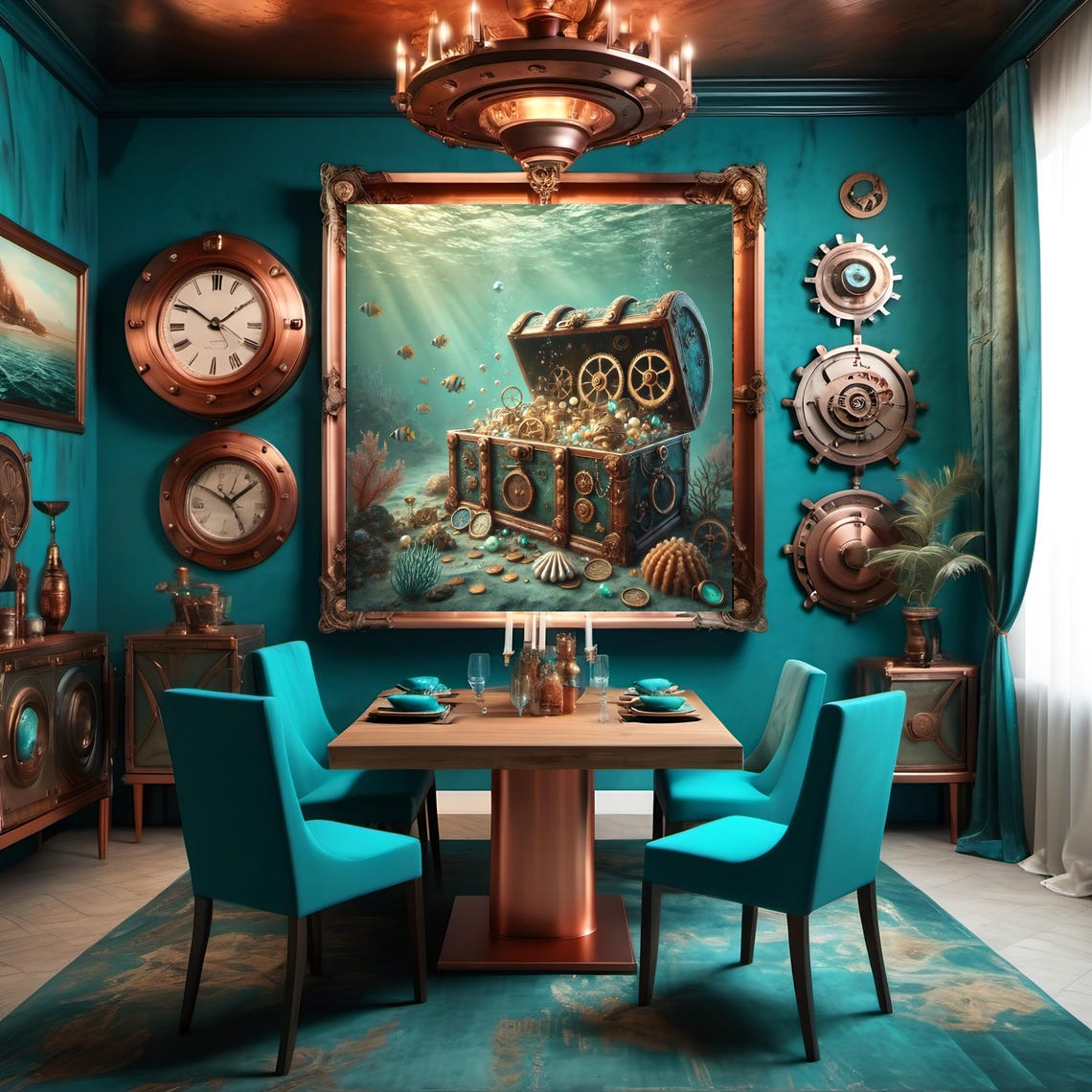 Steampunk Treasure Chest Overflowing with Gears Underwater Poster - Image 3