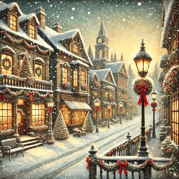 Vintage Christmas Town, Holiday Village Art Print