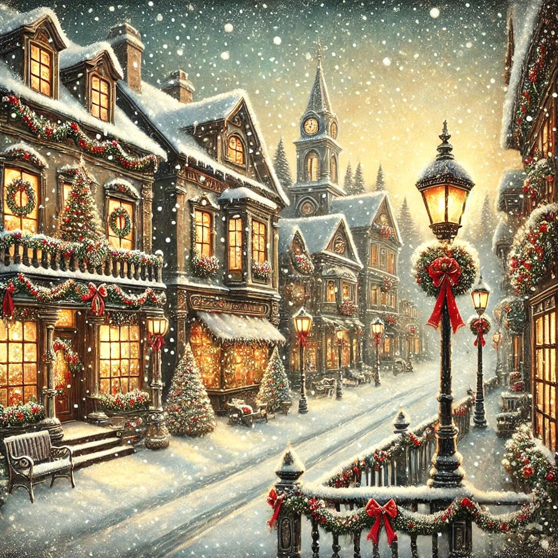 Vintage Christmas Town, Holiday Village Art Print
