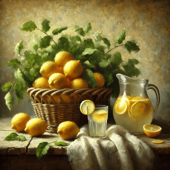 Vintage Lemon Still Life Wall Art Rustic Basket With Fresh Lemons And Lemonade Print Kitchen Dcor Gift Idea For Her