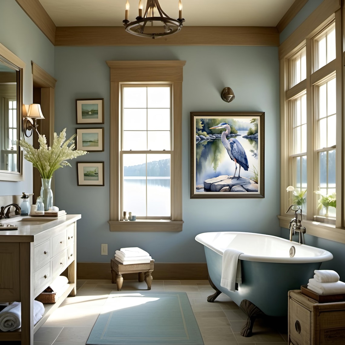 Blue Heron Standing Rock Mirror Lake Calm Watercolor Bird Poster - Image 2