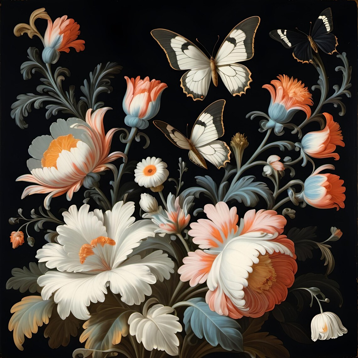 Vintage Butterfly And Coral Flowers On Black Baroque Floral Art Poster