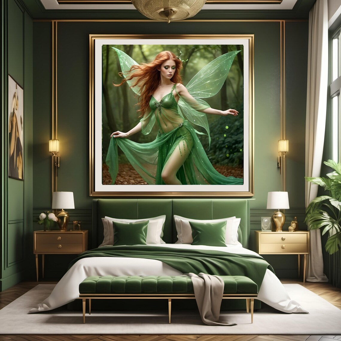 Red Haired Woodland Fairy Dancing In The Green Forest Art Poster - Image 2
