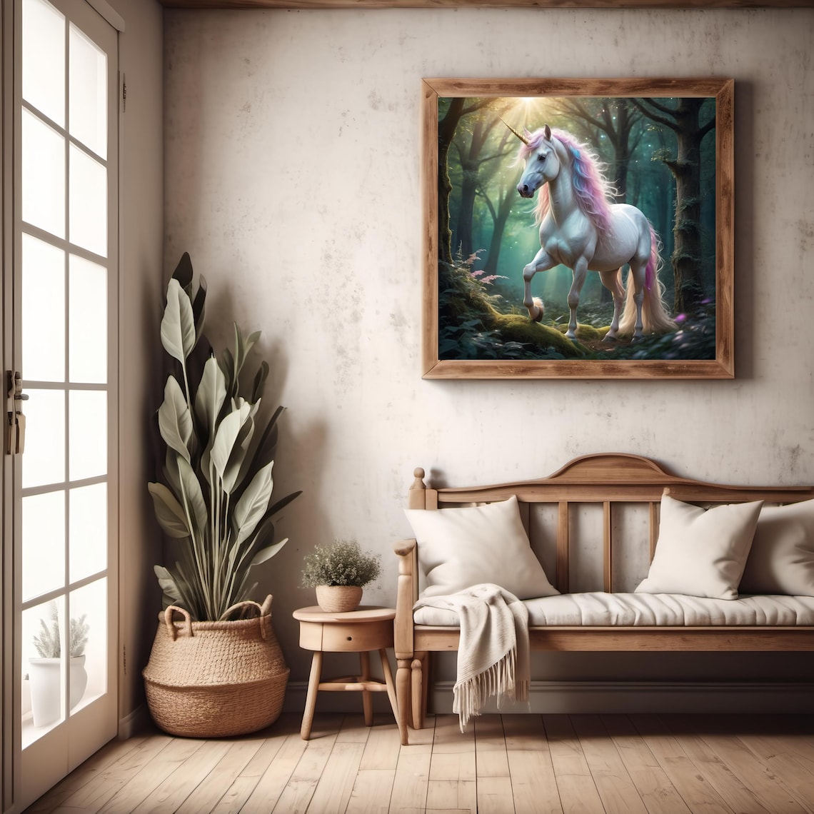 White Unicorn with Pastel Rainbow Mane in Magical Forest Poster - Image 2