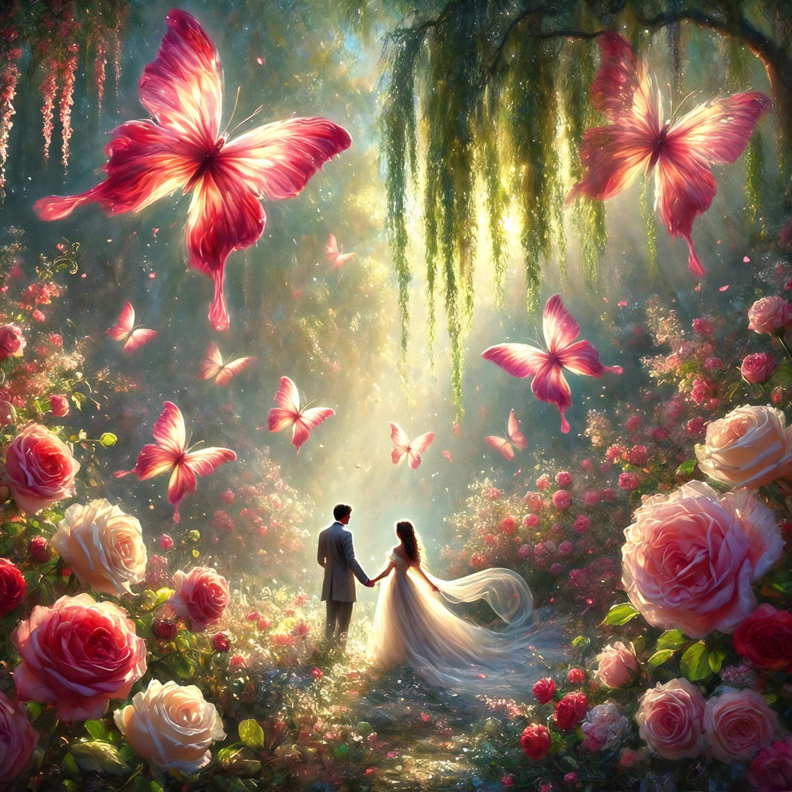Romantic Couple Among Giant Butterflies and Roses Dreamy Poster
