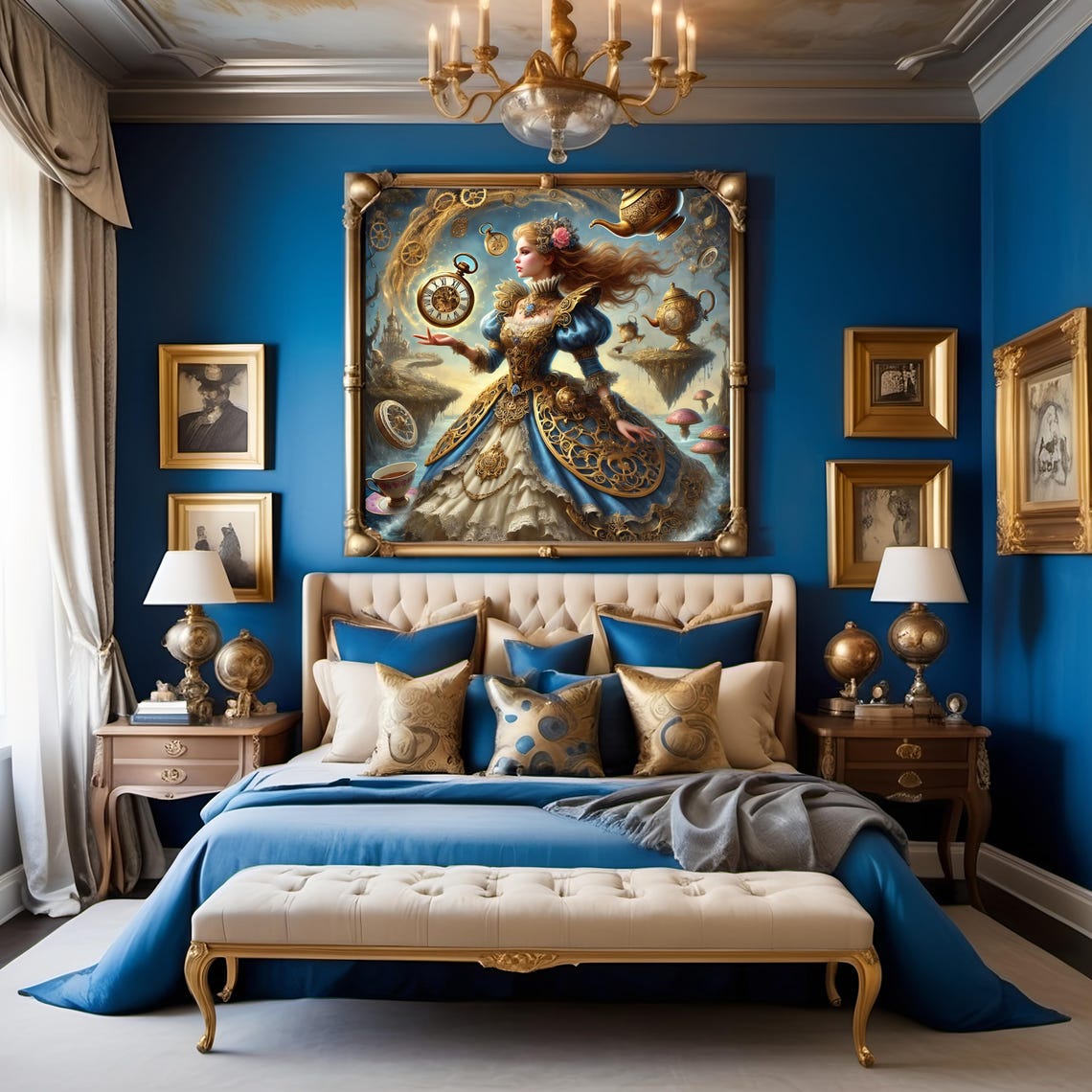 Steampunk Clockwork Fantasy Art Victorian Whimsical Tea Party Elegant Brass Blue Print Fantasy Wall Art - Image 2