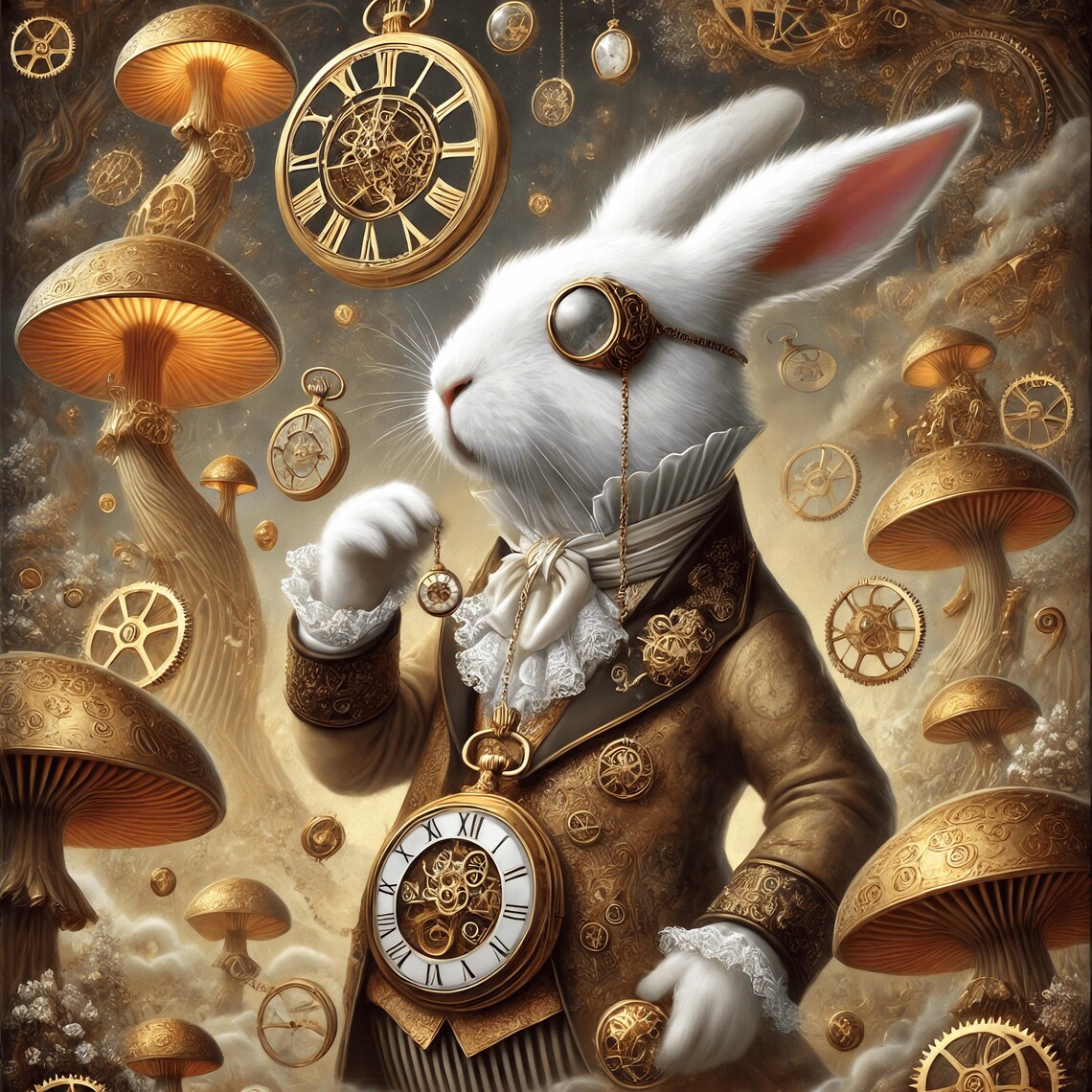 Steampunk Clockwork Rabbit White Rabbit Pocket Watch Gold Fantasy Poster