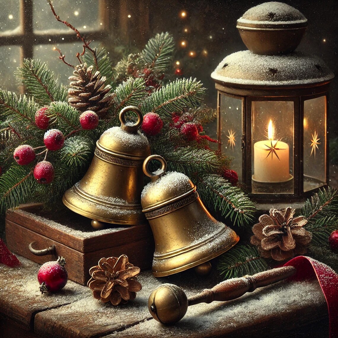 Vintage Brass Sleigh Bells Snowy Lantern Christmas Still Life Print
