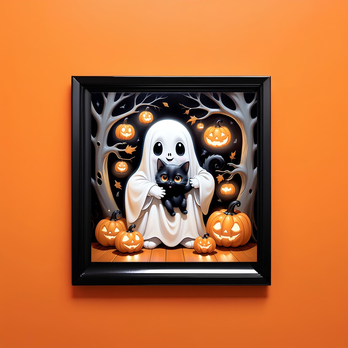 Adorable Ghost Hugging Black Kitten Among Glowing Pumpkins Halloween Poster - Image 3