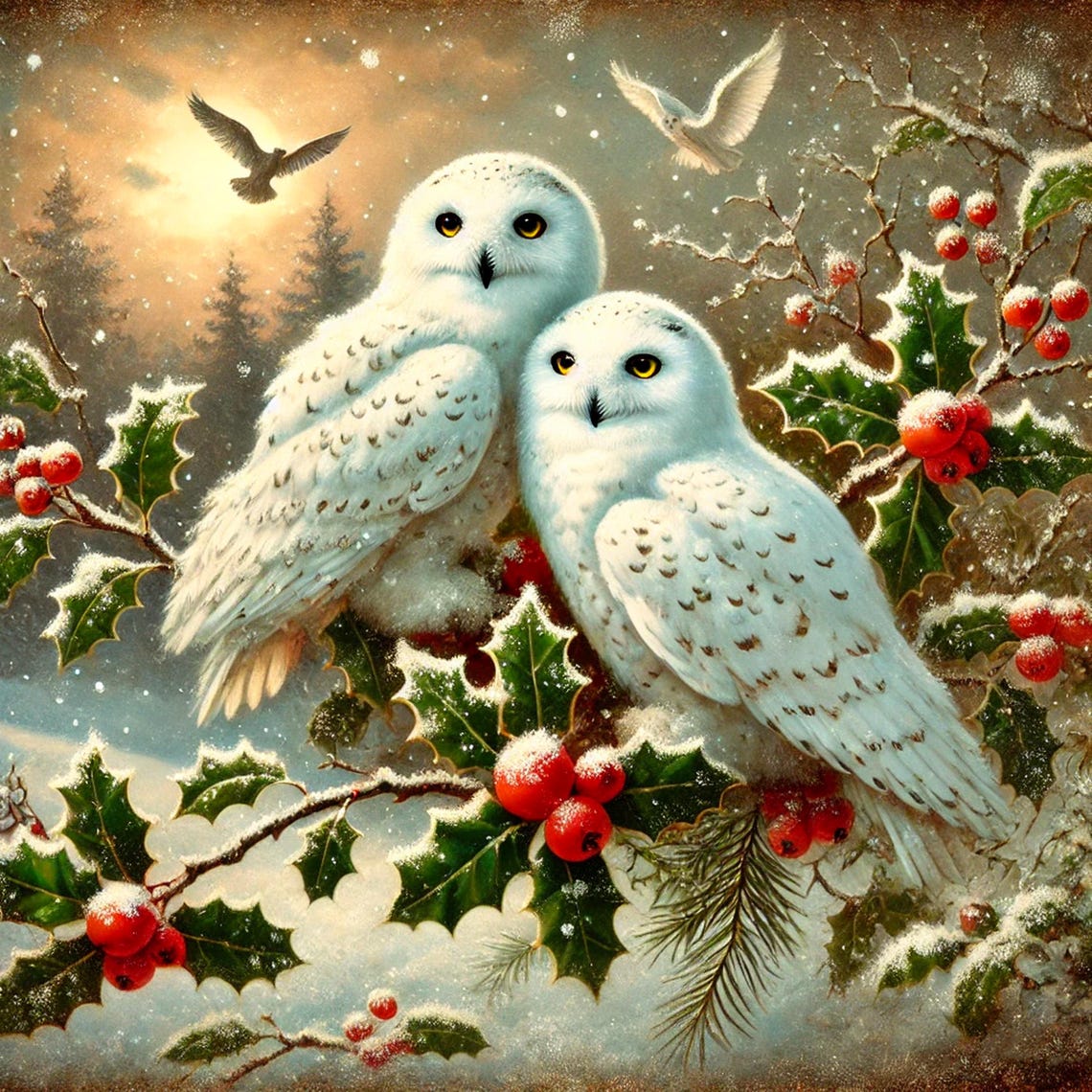 Two Snowy Owls on Holly Branch Cozy Winter Woodland Art Print