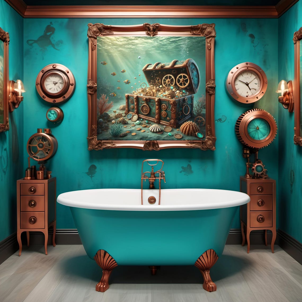 Steampunk Treasure Chest Overflowing with Gears Underwater Poster - Image 2