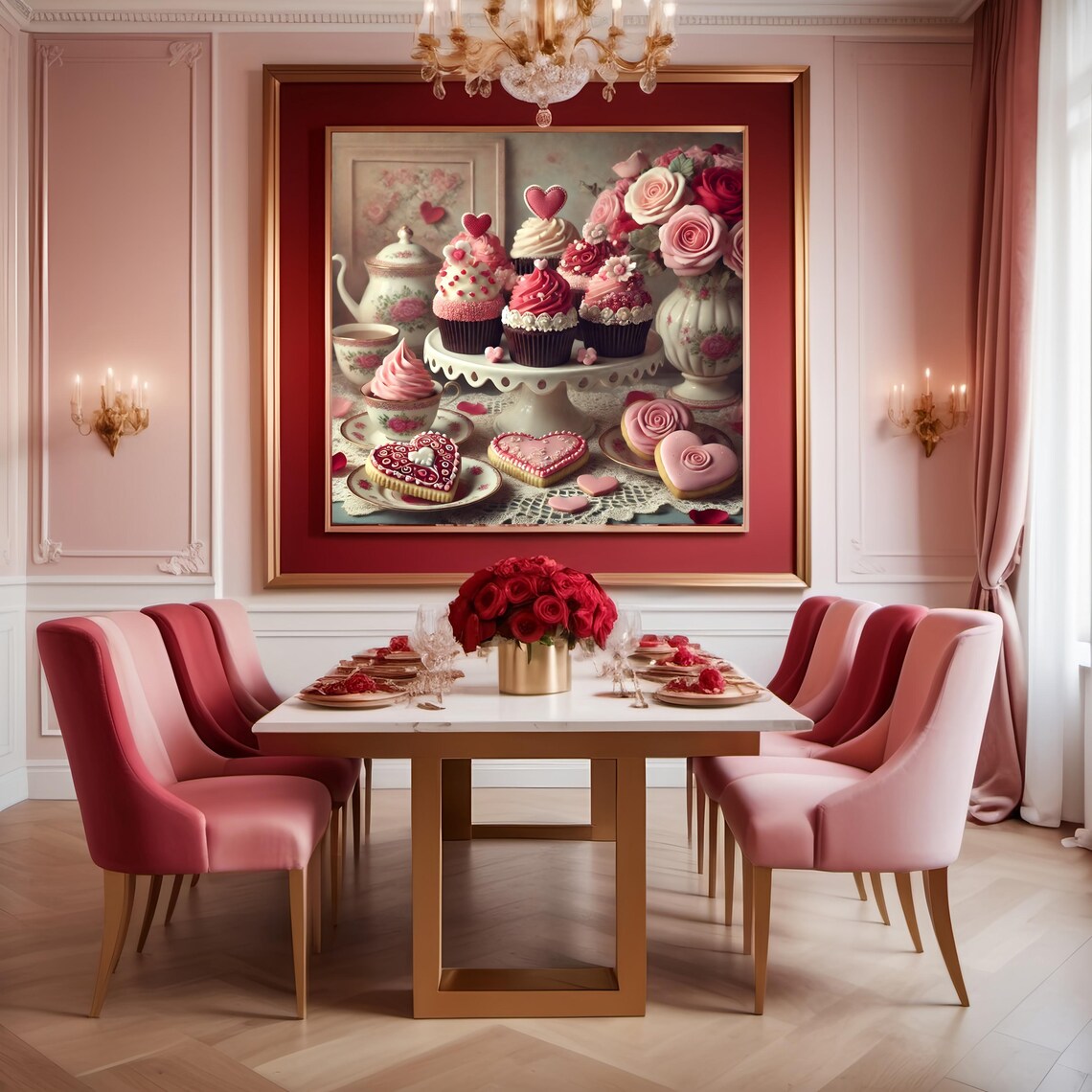 Vintage Valentine Tea Party Cupcakes Heart Cookies Roses Print - Image 3