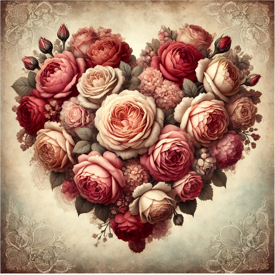 Romantic Vintage Rose Heart Bouquet Floral Valentine Wall Art