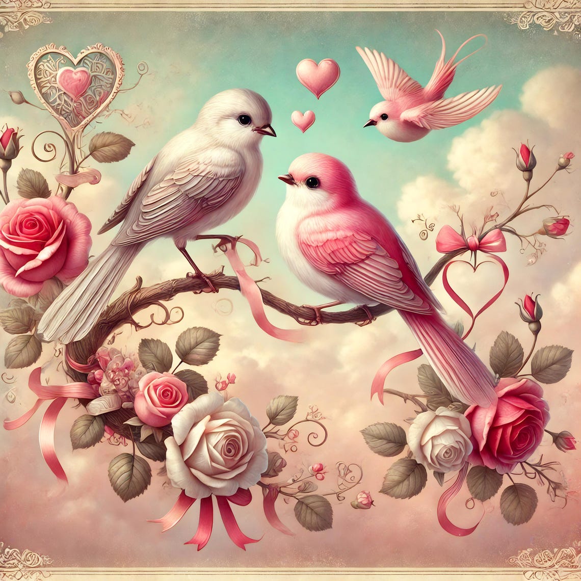 Romantic Lovebirds on Rose Branch with Hearts Vintage Wall Art