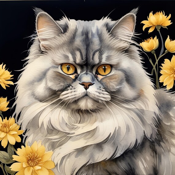 Elegant Gray Longhair Cat Golden Eyes Floral Bloom Art Print