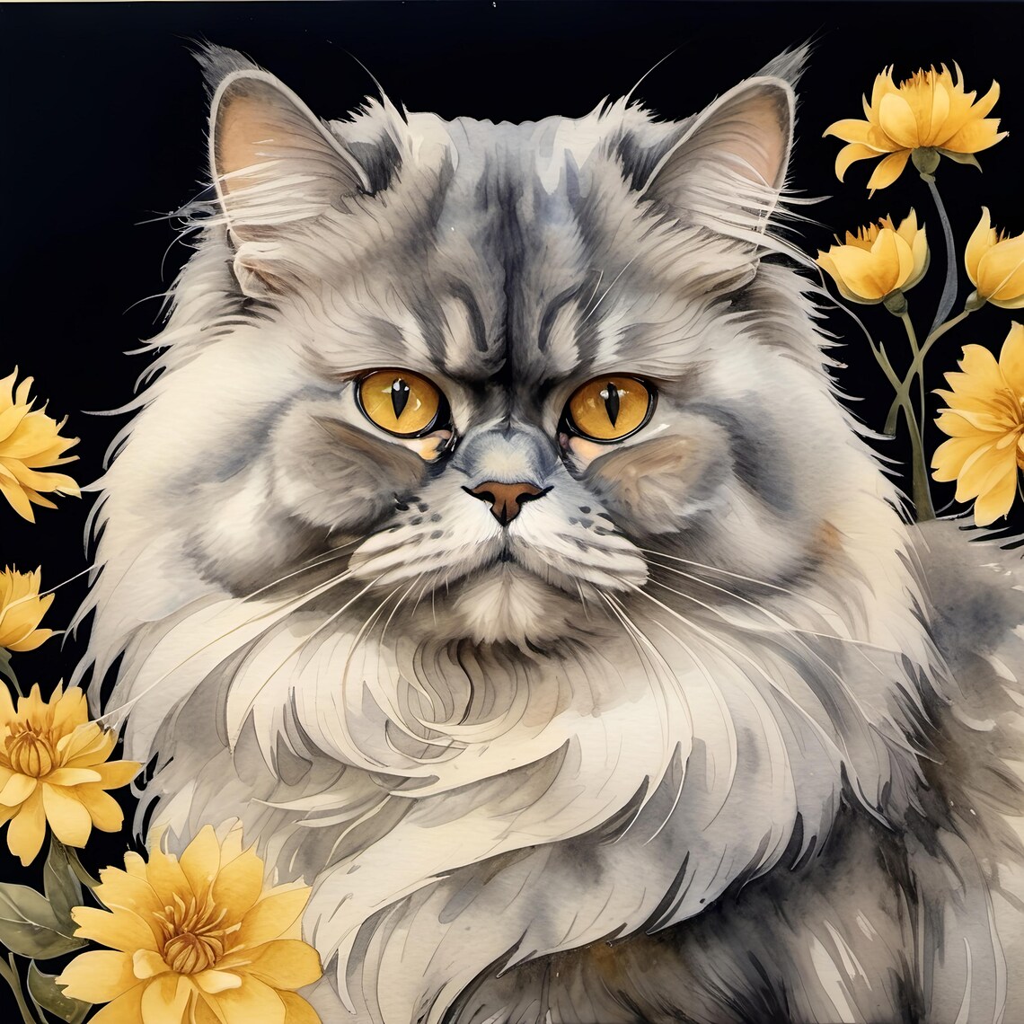 Elegant Gray Longhair Cat Golden Eyes Floral Bloom Art Print