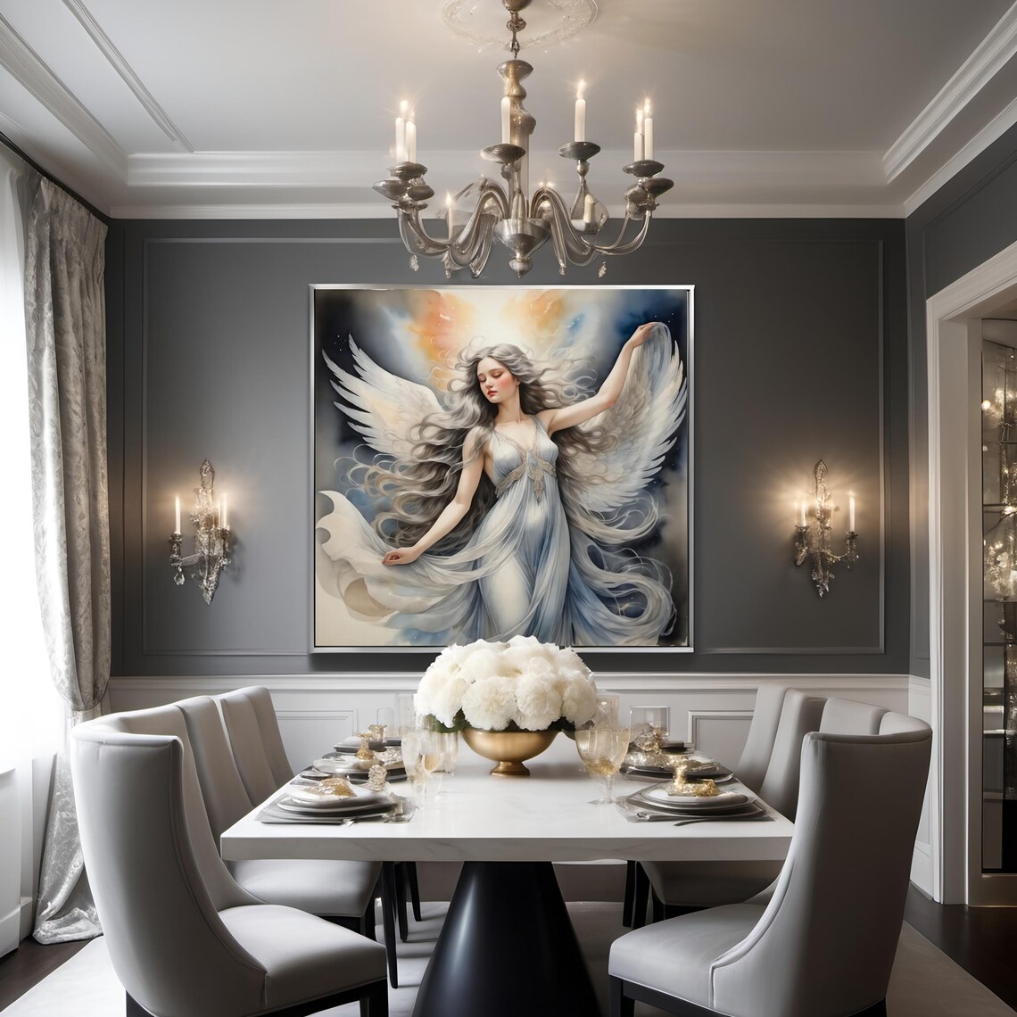 Angel Dancing in Clouds Swirling Silver Hair Ethereal Art Print - Image 2