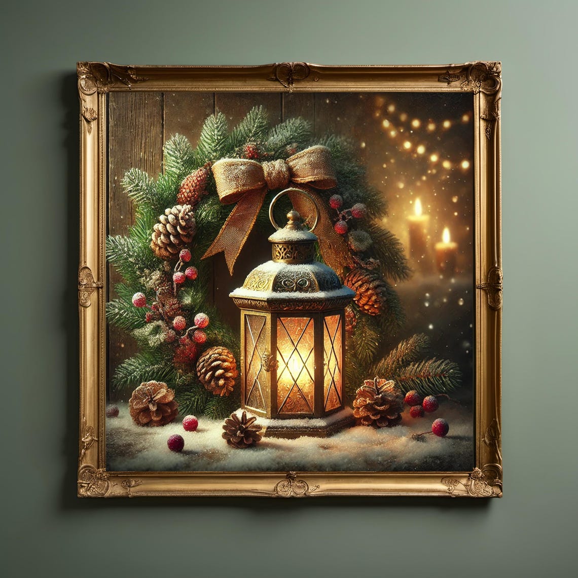 Snowy Pine Wreath Golden Bow Glowing Lantern Holiday Art Print - Image 3