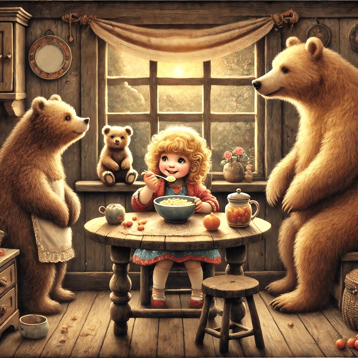 Goldilocks Eating Porridge With The Three Bears Cozy Cabin Poster