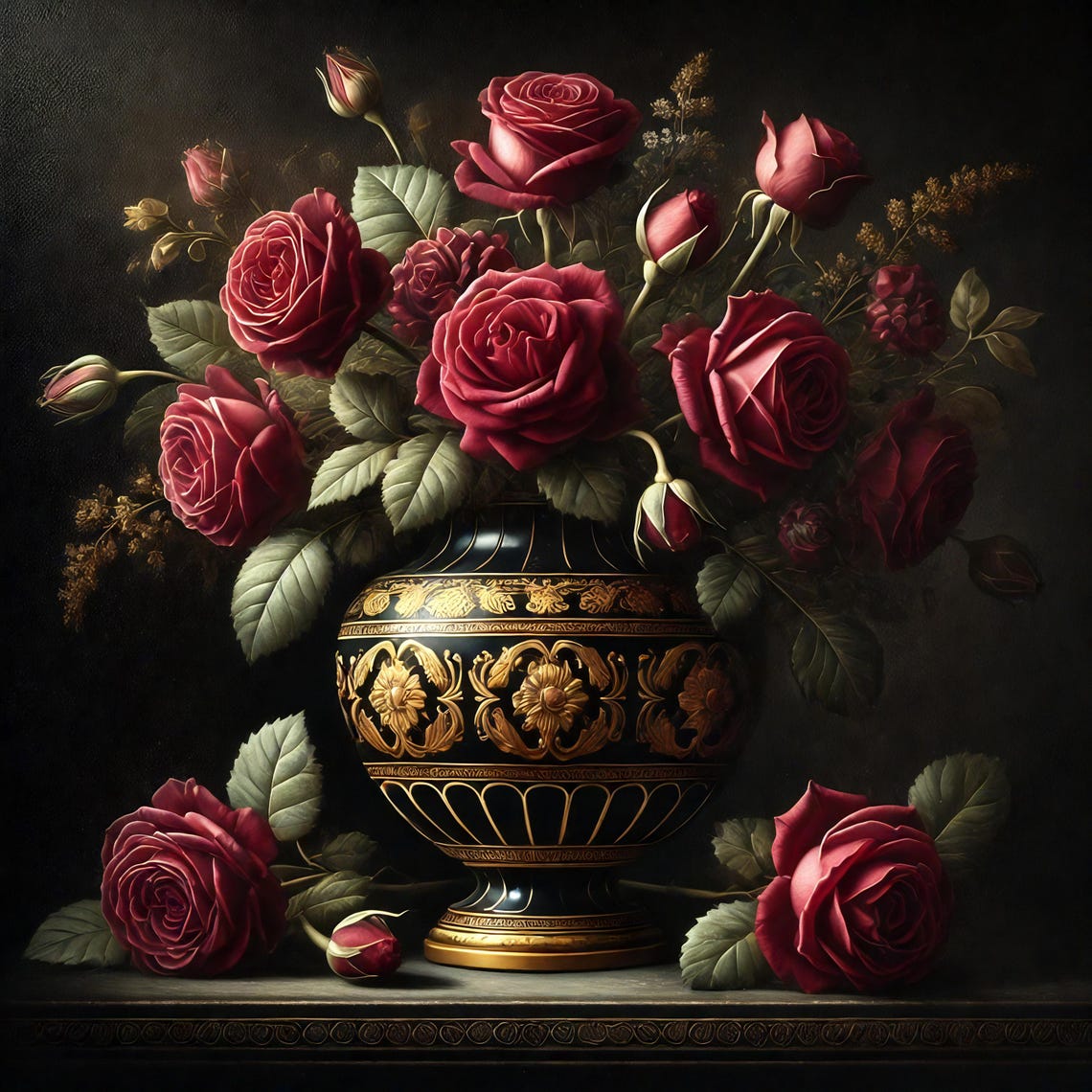Flemish Baroque Dark Red Roses Gold Vase Dramatic Still Life Poster