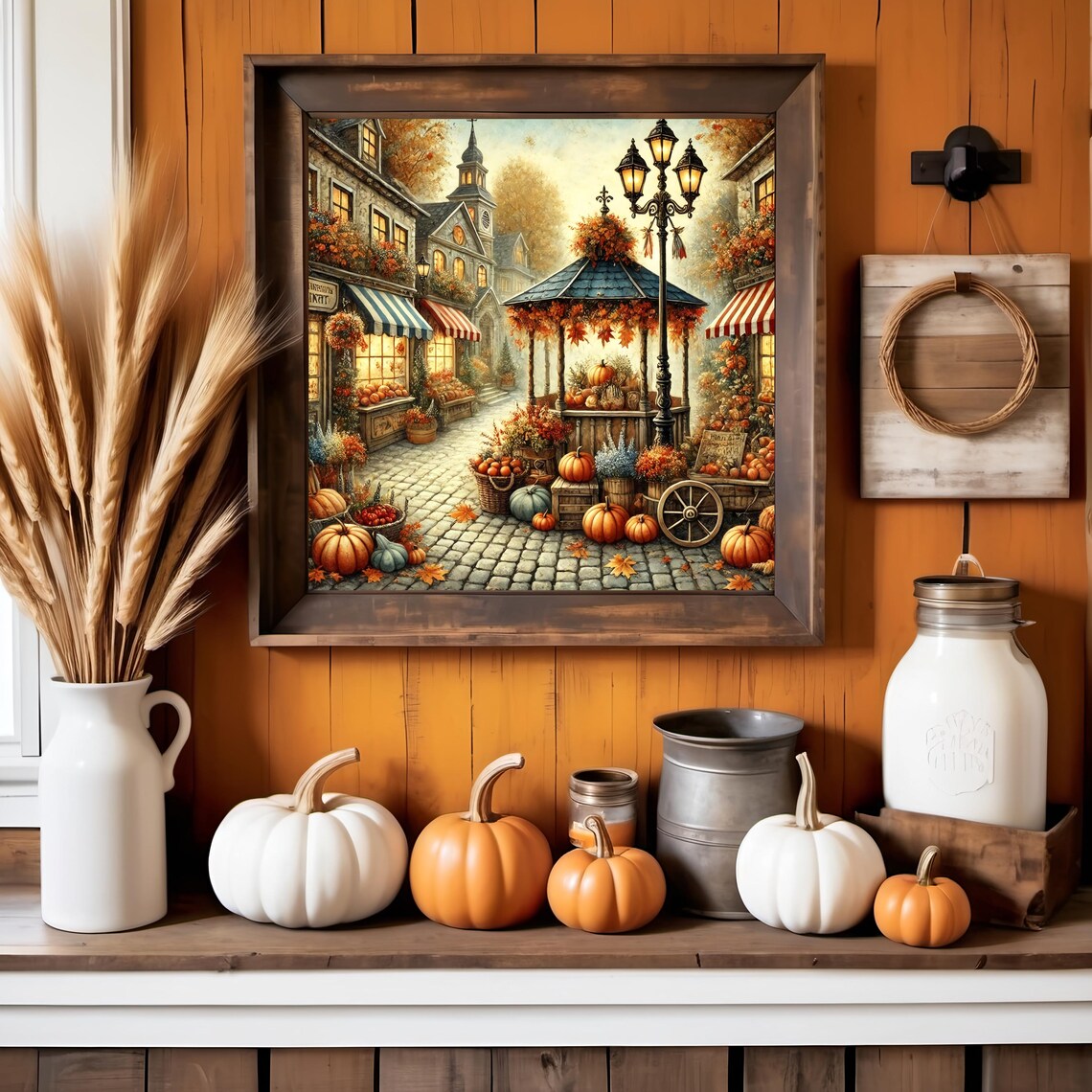 Vintage Autumn Market Street Pumpkins Gazebo Lamp Post Fall Poster - Image 2