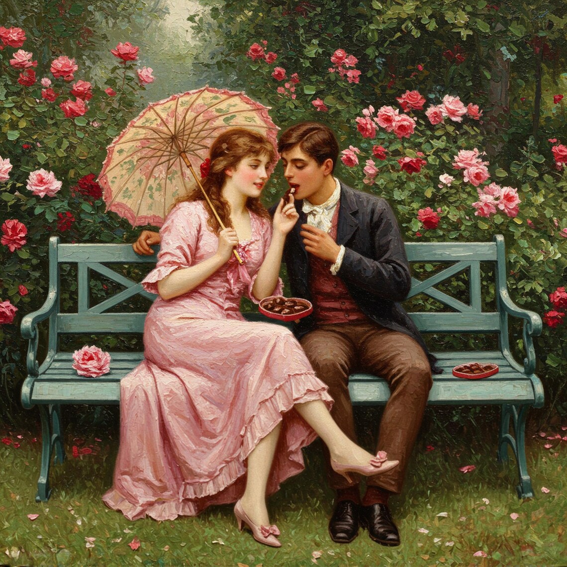 Victorian Romance Chocolate Print, Vintage Couple Scene