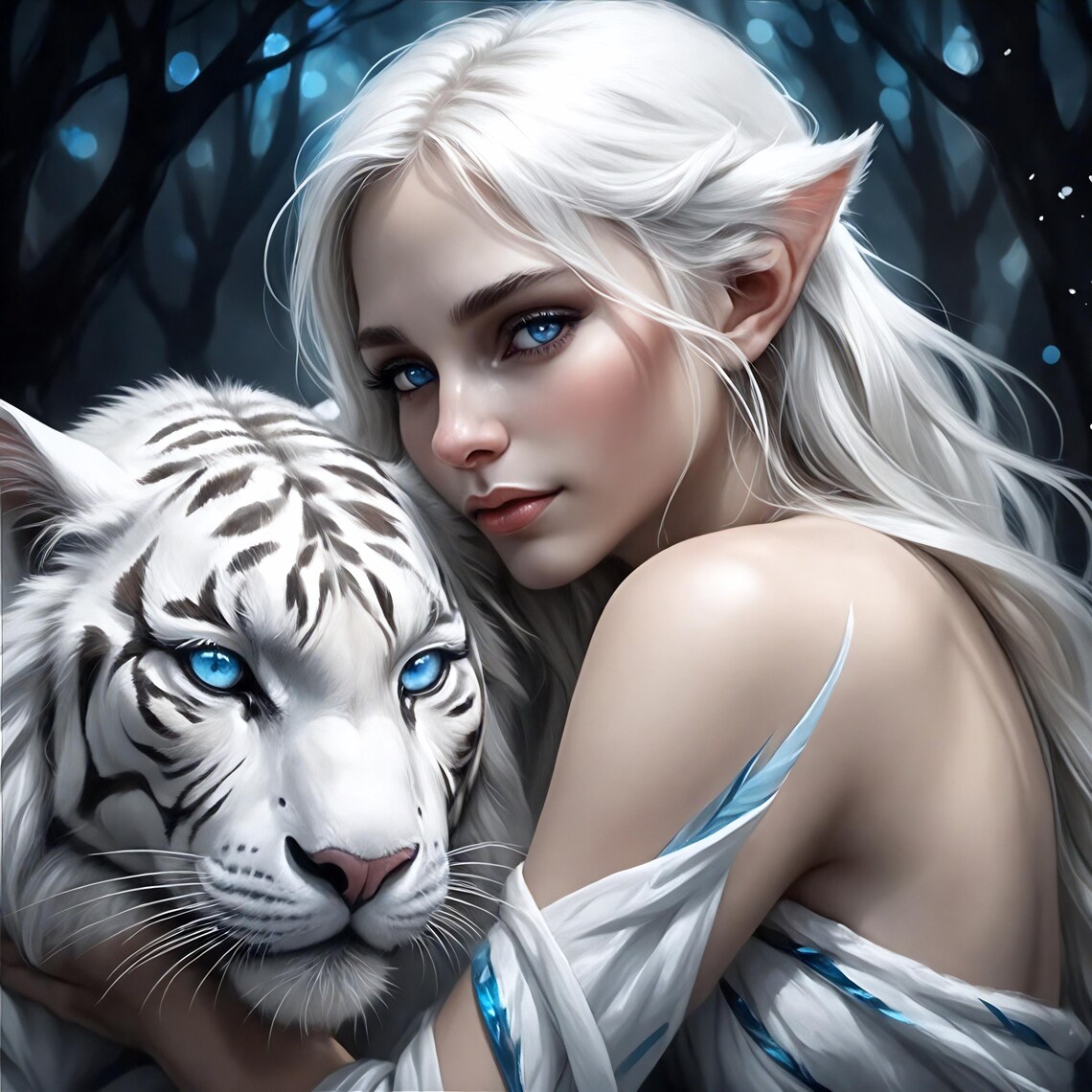 Elven Woman Embracing White Tiger Moonlit Forest Fantasy Magical Portrait Wall Art - Image 3