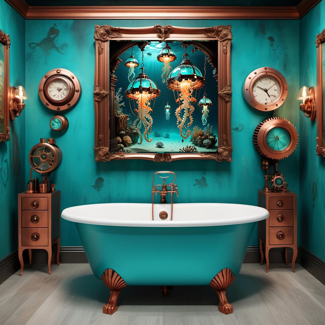 Steampunk Jellyfish Lantern Print Nautical Fantasy Wall Art Turquoise And Bronze Sci Fi Artwork For Steampunk Lover Gift Idea - Image 2