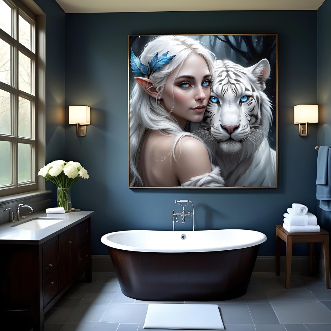 Elven Woman With White Tiger, Mystical Art Print - Image 3