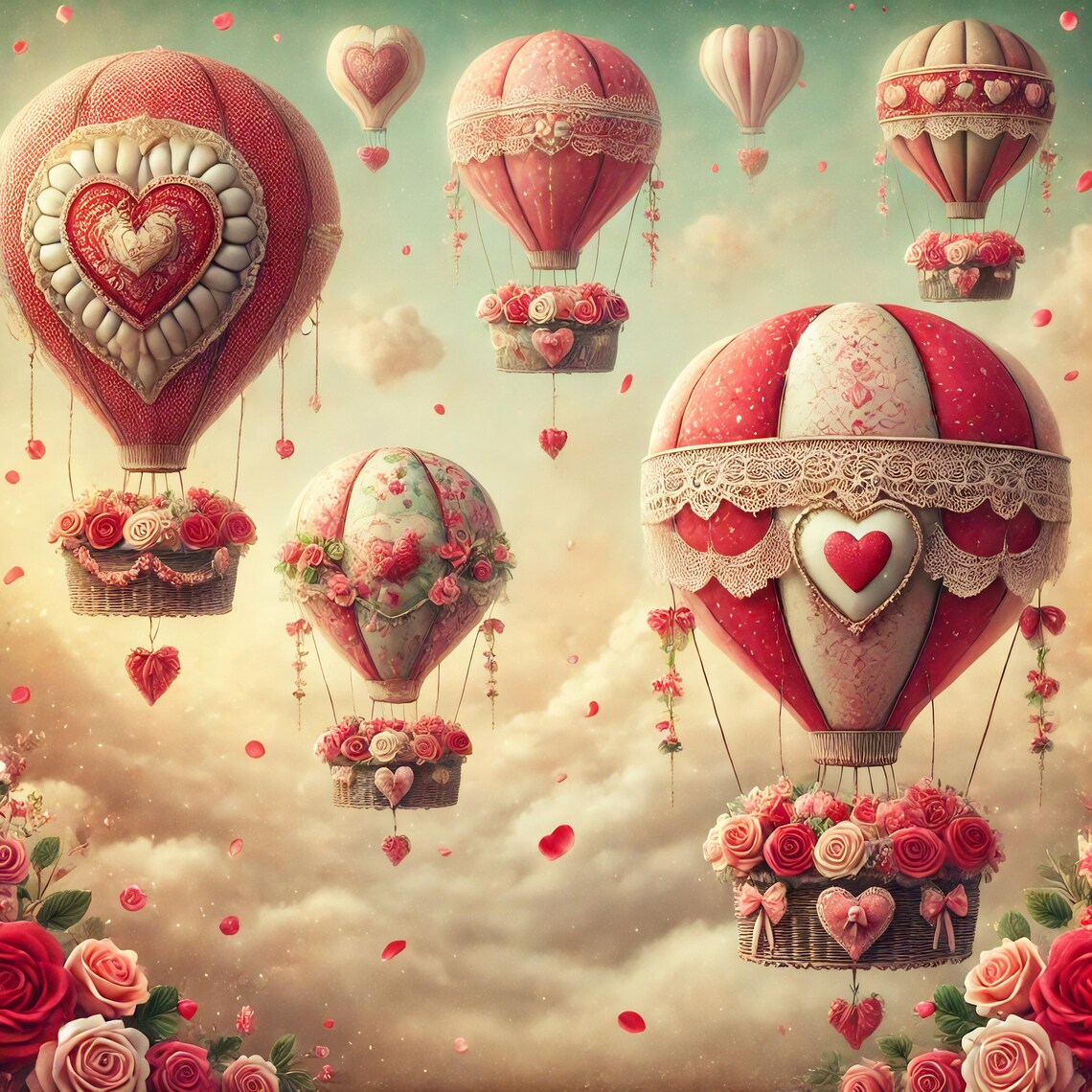 Whimsical Romantic Hot Air Balloons, Vintage Print