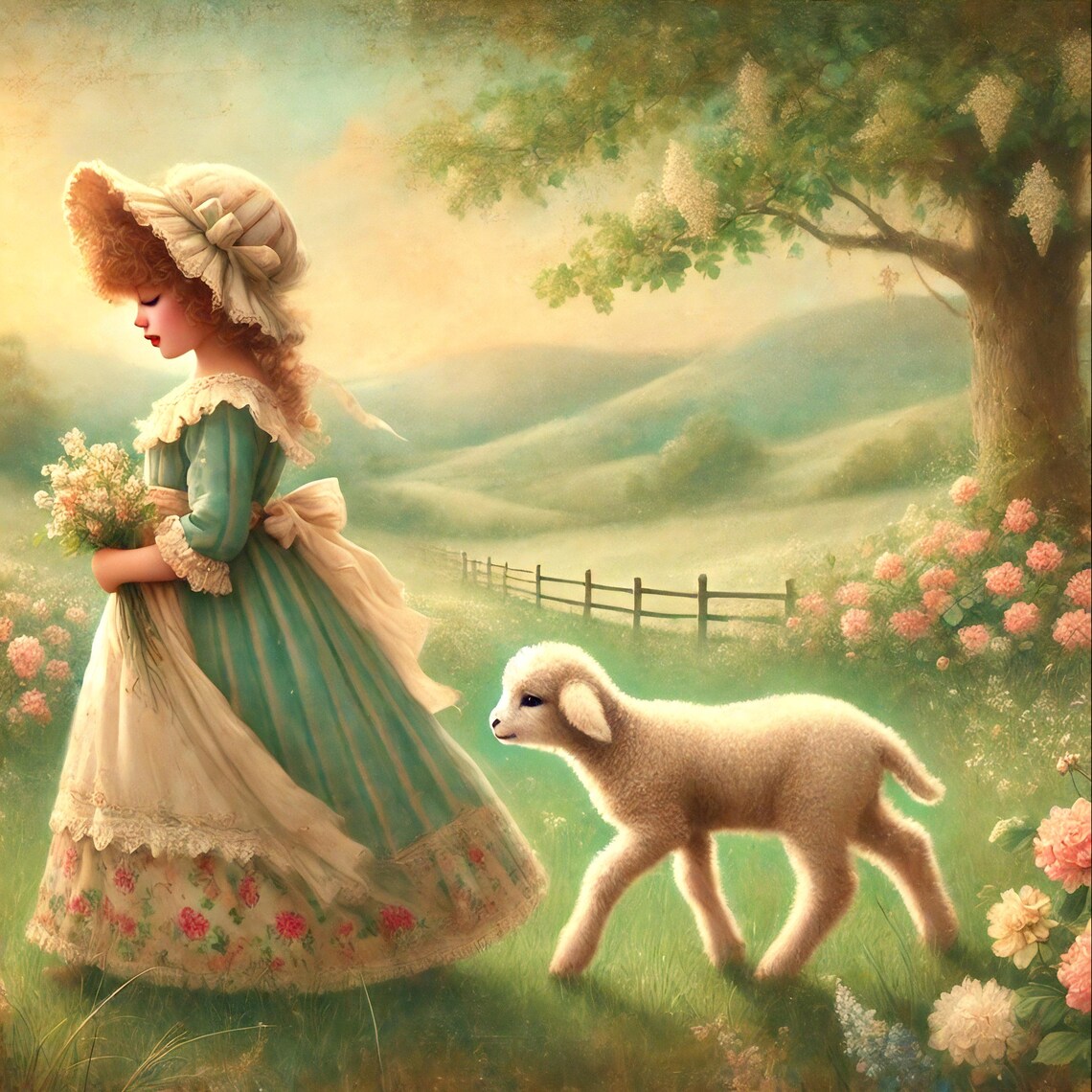 Mary Had A Little Lamb Gathering Wildflowers Rose Garden Poster