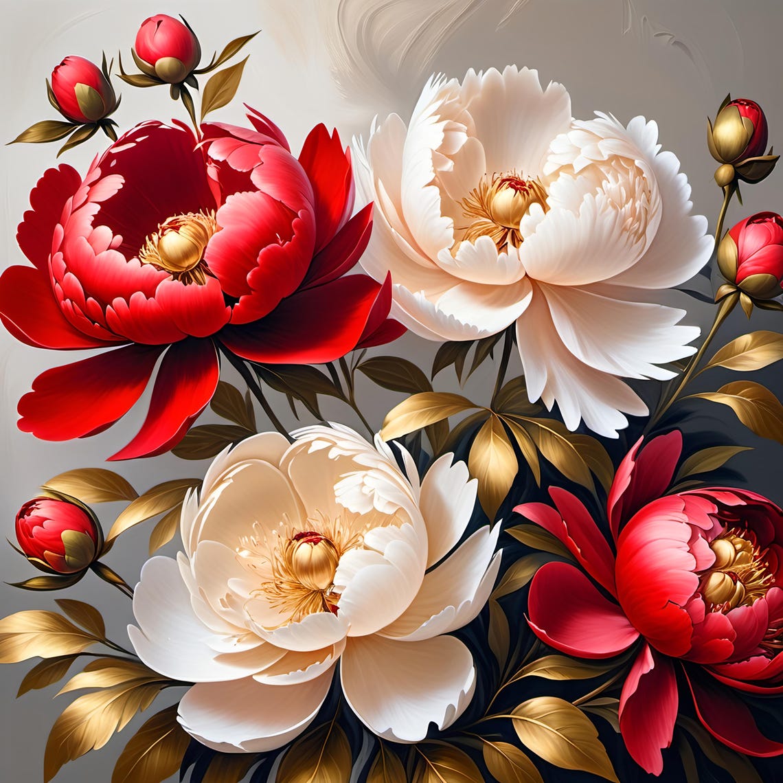 Red White Peony Blossoms Gold Leaves Bold Floral Botanical Art Poster