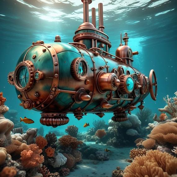 Underwater Steampunk Submarine Print Nautical Fantasy Wall Art Turquoise And Bronze Sci Fi Artwork Steampunk Gift Lover Idea