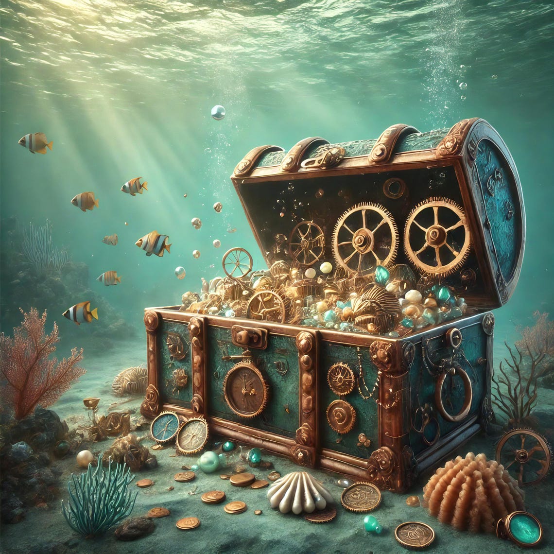 Steampunk Treasure Chest Overflowing with Gears Underwater Poster