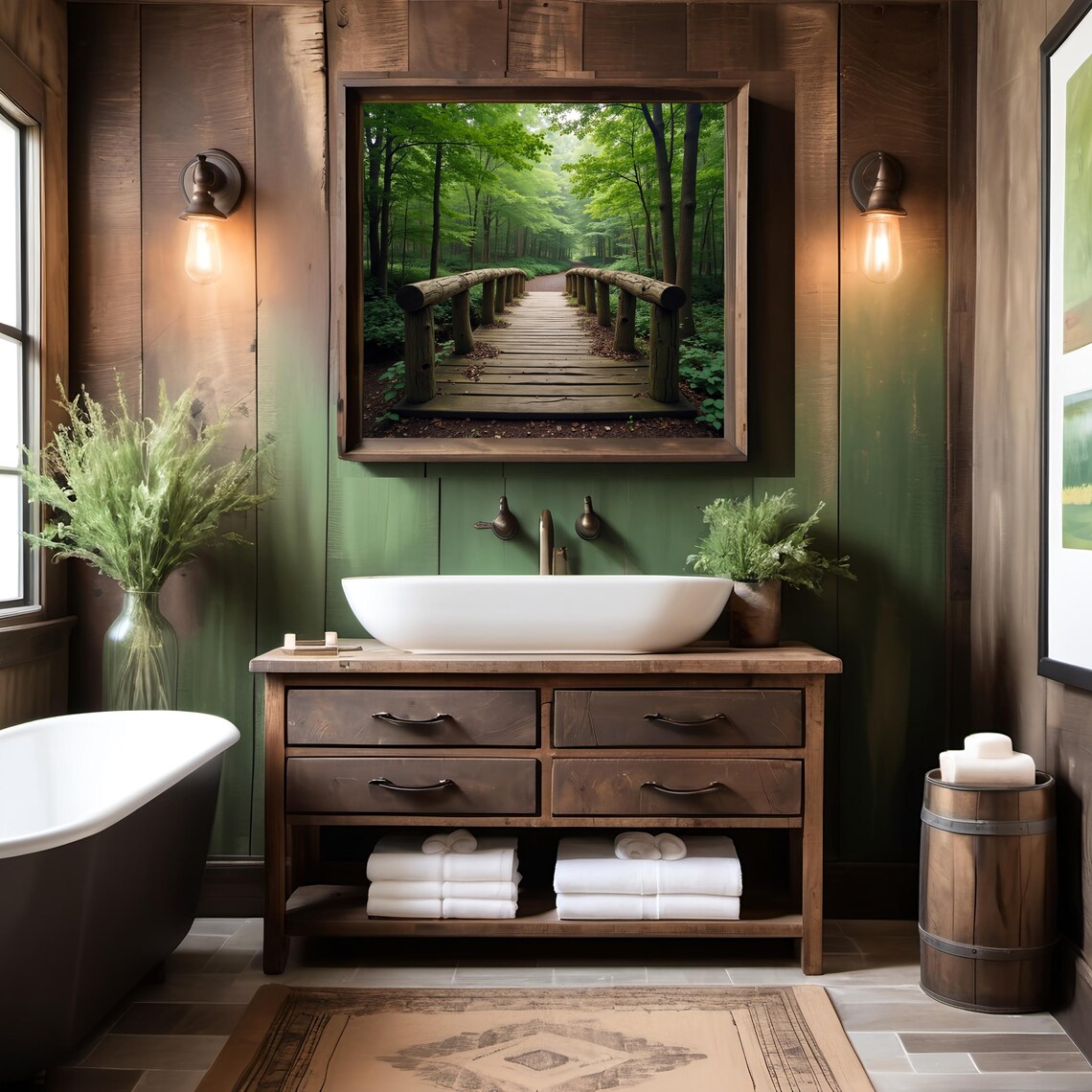 Serene Log Bridge Forest, Rustic Nature Art Print - Image 2
