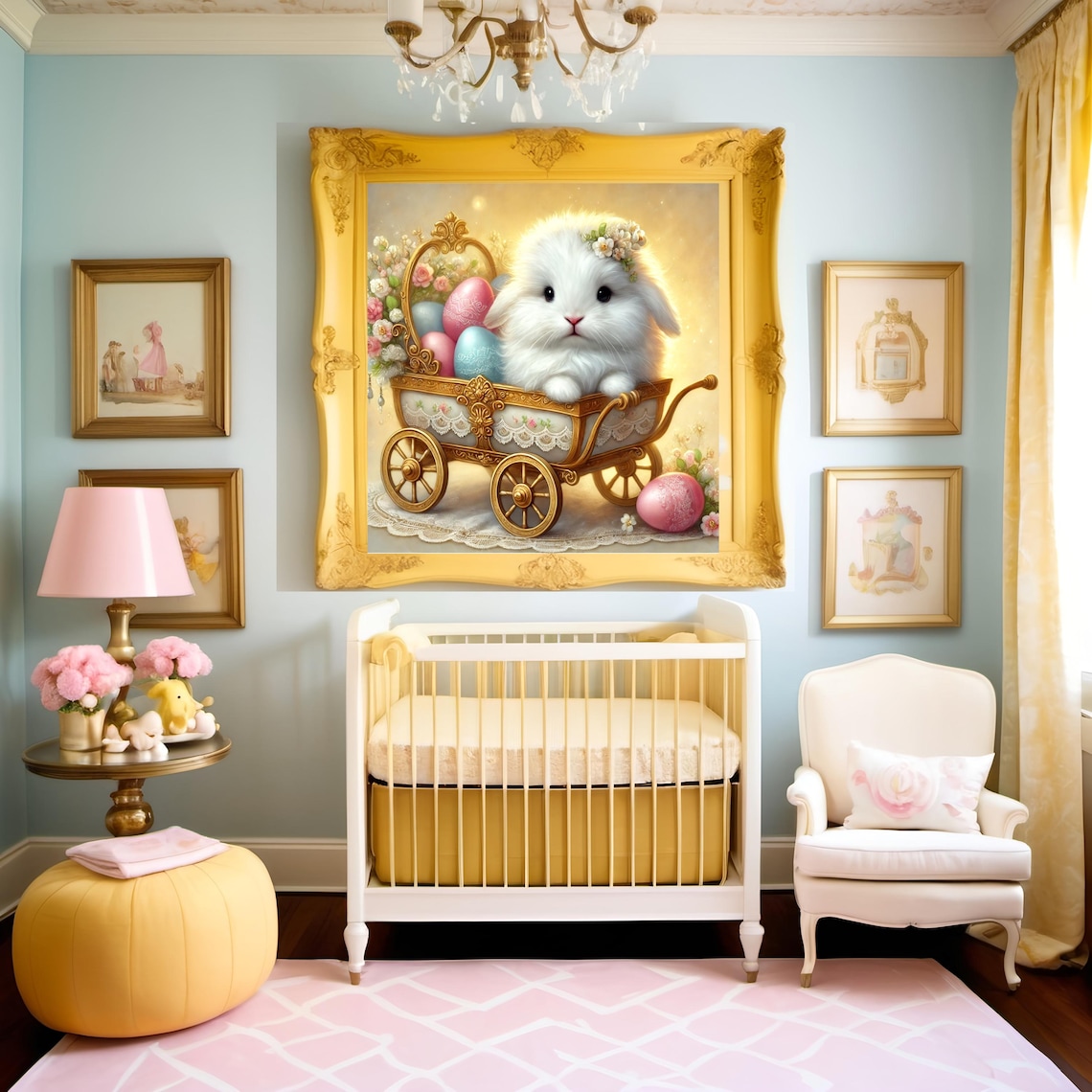 Easter Bunny Golden Carriage Pastel Eggs Flowers Whimsical Spring Poster - Image 3
