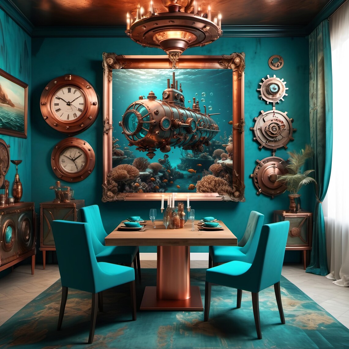 Underwater Steampunk Submarine Art Print, Nautical Fantasy - Image 3